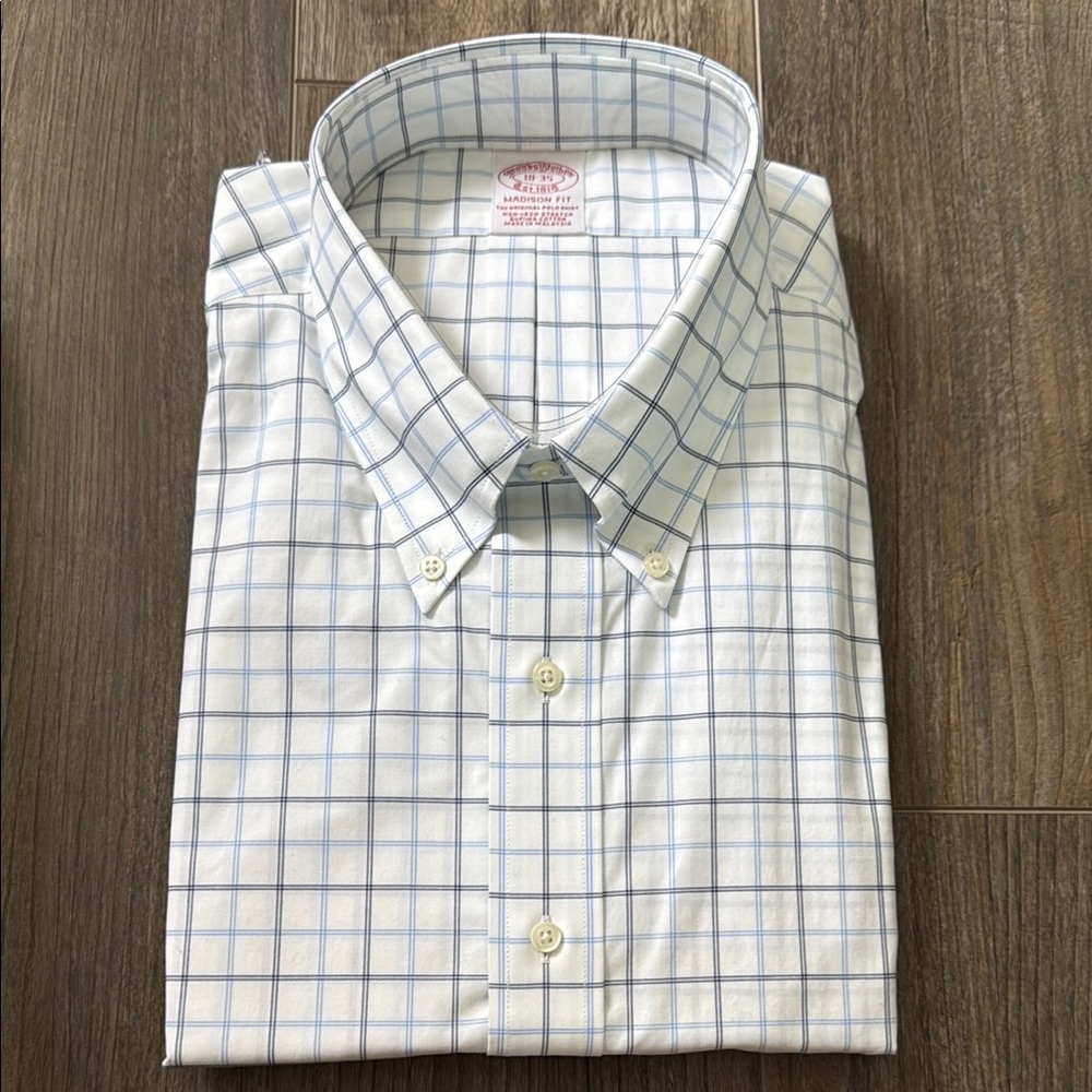 Brooks Brothers Blue and White Dress Shirt with Windowpane Check - Madison Fit
